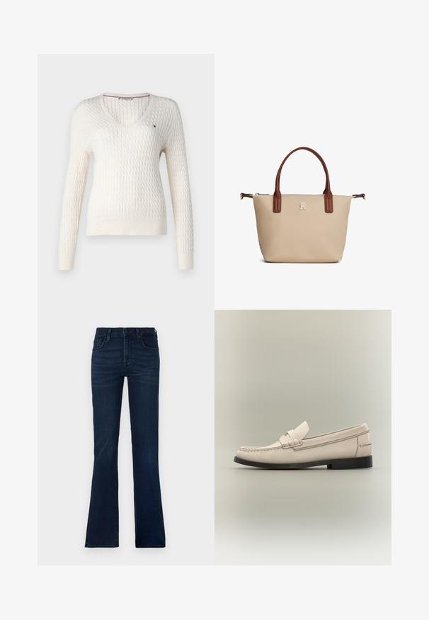 Hvid strikket sweater med v-hals og lange ærmer. Har et struktureret diamantmønster og et lille logo på venstre bryst.; Mørkeblå udvidede jeans lavet af denim. Har fem lommer, en knaplukning og subtile falmninger langs lårene.; Beige læder herresko med sort sål og dekorativ remdetalje på lys grå baggrund.; Beige mulepose med brune håndtag, lille guldlogo centreret under håndtagene og lynlås lukning øverst.