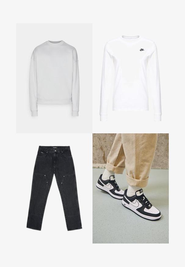 Schlichtes weißes Sweatshirt mit Rundhalsausschnitt, langen Ärmeln sowie gerippten Bündchen und Saum, präsentiert auf einem neutralen hellgrauen Hintergrund.; Weißes Langarm-T-Shirt aus Baumwolle mit kleinem schwarzem Nike-Logo auf der linken Brust und rundem Halsausschnitt. Glatte Textur.; Pegador VINTO CARPENTER - Carpenter Jeans - washed black; Schwarz-weiße Nike Air Force 1 Sneaker mit einem Obermaterial aus Leder, perforierter Zehenpartie und strukturiertem Sohlendesign, getragen mit aufgerollten beigen Hosen und weißen Socken.