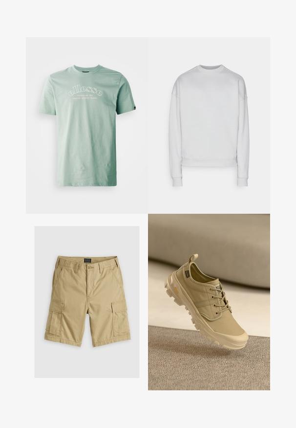 Sudadera blanca lisa de cuello redondo con mangas largas y puños y dobladillo acanalados, mostrada sobre un fondo neutro gris claro.; Ellesse QUESCO TEE - Camiseta estampada - green; Pantalones cortos cargo beiges hechos de algodón resistente. Incluyen bolsillos laterales, cierre frontal con botón y detalles de costura reforzada.; Zapatilla de lona beige con punta redonda, diseño con cordones y suela exterior de goma resistente. Presenta detalles cosidos y una lengüeta para facilitar su colocación.