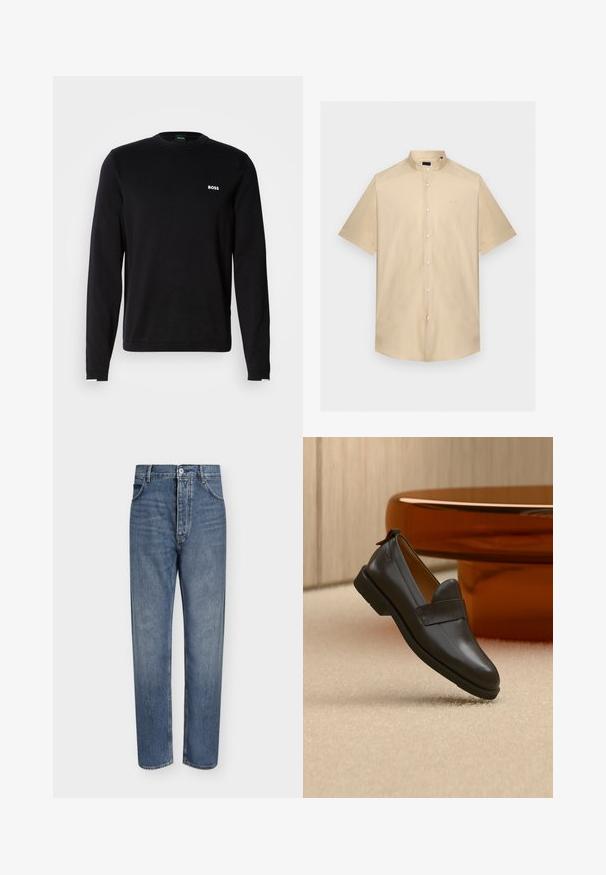 Schwarzer Langarm-Sweatshirt aus glattem Stoff, mit geripptem Kragen und Bündchen, mit weißem "BOSS"-Logo auf der linken Brust.; Beiges Kurzarm-Hemd zum Knöpfen mit Stehkragen und dezentem "BOSS"-Logo auf der linken Brust.; Gerade geschnittene blaue Jeans aus Denim mit hoher Taille, Frontknopfverschluss und Fünf-Taschen-Design auf einem schlichten hellen Hintergrund.; Schwarzer Lederloafer mit niedrigem Absatz, der über einem beigen Teppich schwebt, neben einem glänzenden bernsteinfarbenen Tisch in einem minimalistischen Raum.