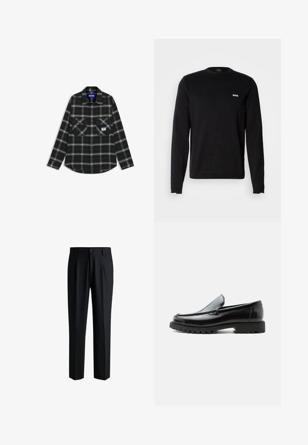 Sweat-shirt noir à manches longues en tissu lisse, avec un col et des poignets côtelés, arborant un logo blanc "BOSS" sur le côté gauche de la poitrine.; Chemise à manches longues à carreaux noirs et gris avec col, deux poches poitrine et une étiquette logo HUGO. Tissu en coton avec une texture douce.; Pantalons noirs en tissu lisse, avec une coupe droite, des plis à l'avant et une fermeture à bouton avec passants de ceinture.; Mocassin en cuir noir avec semelle en caoutchouc épaisse, dessus cousu et nom de marque embossé sur le talon, présenté de profil sur fond blanc.