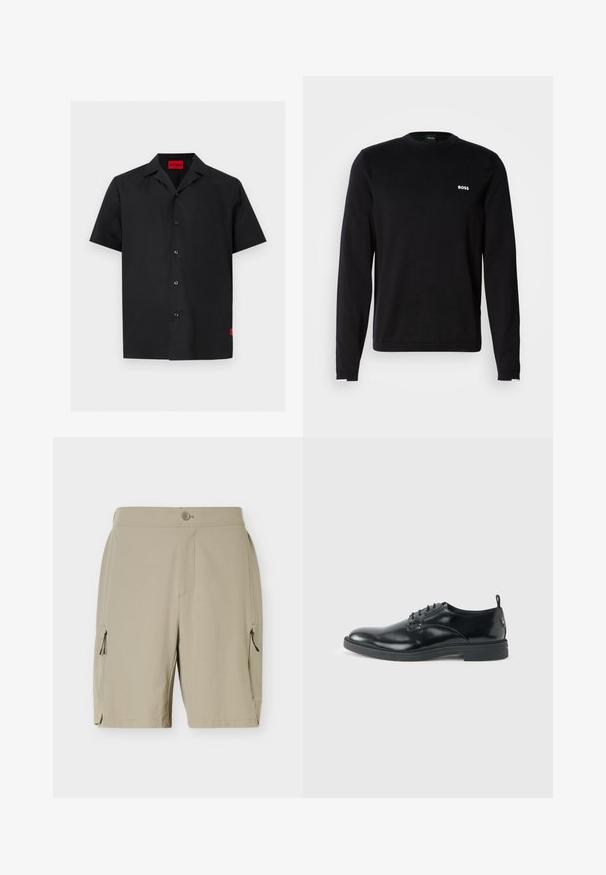 Sweat-shirt noir à manches longues en tissu lisse, avec un col et des poignets côtelés, arborant un logo blanc "BOSS" sur le côté gauche de la poitrine.; Chemise noire à manches courtes avec boutons, col camp et une étiquette rouge « HUGO » à l'intérieur de l'encolure ainsi qu'une petite étiquette rouge sur le bas côté.; Shorts beiges mi-genoux avec fermeture à boutons et poches zippées de chaque côté, conçus pour un usage décontracté ou en plein air.; Chaussure habillée en cuir noir brillant avec un petit talon, fermeture à lacets et bout rond, vue de côté sur un fond uni et clair.