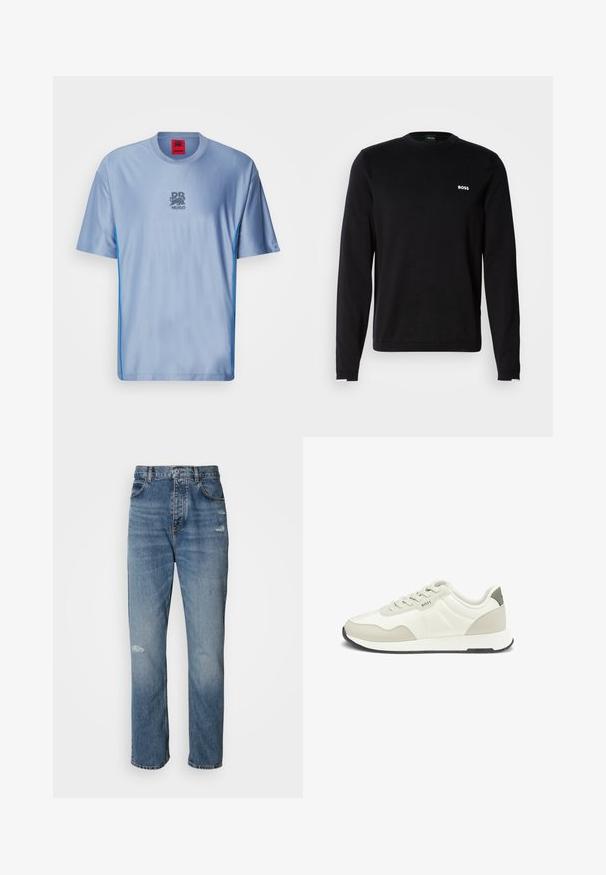 Zwarte sweatshirt met lange mouwen van gladde stof, voorzien van een geribbelde kraag en manchetten, met een wit "BOSS"-logo op de linkerborst.; Lichtblauwe sport t-shirt met een gestructureerd patroon, ronde halslijn, contrasterende blauwe zijaccenten en een grijze logo op de borst.; Lichtblauwe denim jeans met een rechte pijpdesign, voorzien van een knoop- en ritssluiting, vijf zakken en verwerkte details nabij de knie.; Lichtbeige sportschoen met een glad leren bovenwerk, gestructureerde stofaccenten, platte veters en een contrasterende zwarte rubberen zool.