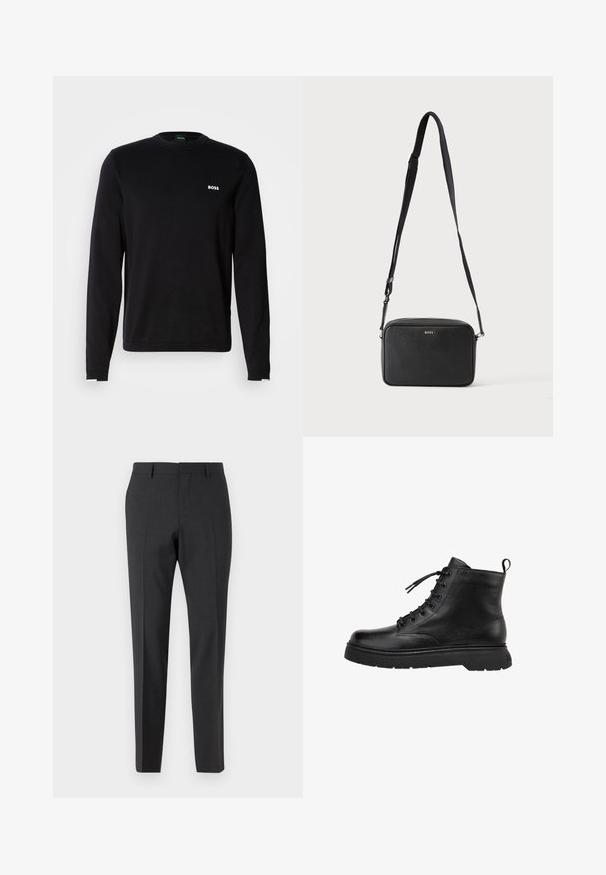 Sweat-shirt noir à manches longues en tissu lisse, avec un col et des poignets côtelés, arborant un logo blanc "BOSS" sur le côté gauche de la poitrine.; Pantalons tailleur gris foncé avec une texture lisse, coupe slim, devant plat et passants de ceinture, conçus pour une tenue formelle ou professionnelle.; Botte cheville en cuir noir avec une finition lisse, bout rond et laçage à l'avant. Elle dispose d'une semelle en caoutchouc épaisse et d'un passant à l'arrière.; Sac bandoulière rectangulaire noir avec sangle réglable et logo BOSS sur le devant, sur un fond clair uni.