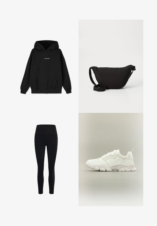 Sort hættejakke lavet af bomuld, med en forlomme, ribbede manchetter og et gult "PEGADOR" logo på brystet. Enkel, afslappet design.; Girlfriend Collective FLOAT HIGH RISE LEGGING 7/8 - Tights - black; Hvid atletisk sneaker med mesh og læderoverdel, chunky sål og trækflig ved hælen, vist i sideprofil på neutral baggrund.; Sort hobo taske lavet af blødt stof, med en buet form, lynlåslukning og en bred justerbar rem. Glat tekstur uden mønstre.