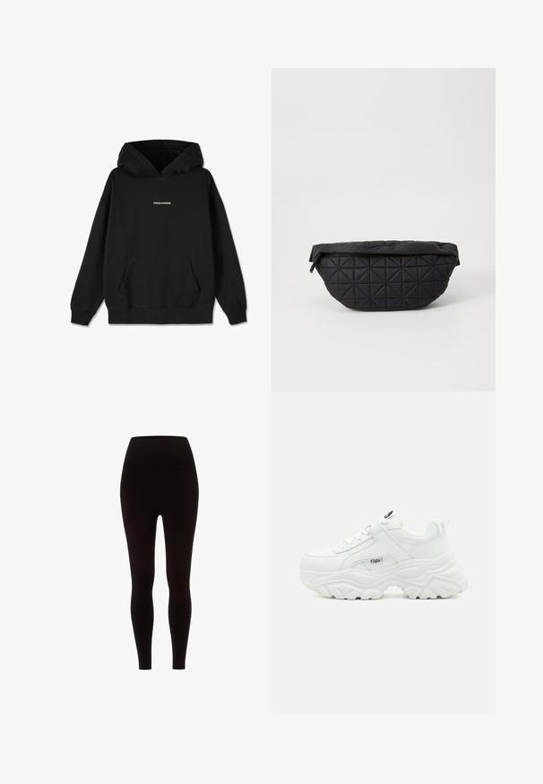 Zwarte hoodie van katoen, met een voorzak, ribbelmanchetten en een gouden "PEGADOR" logo op de borst. Eenvoudig, ontspannen ontwerp.; Zwarte leggings van rekbaar materiaal, met een hoge taille, een gladde textuur en een aansluitend ontwerp, zonder enige patronen of versieringen.; Witte chunky sneakers met een soepel leren bovenwerk, ronde neus en een dikke, gestructureerde zool met een zichtbaar merklogo aan de zijkant.; Zwarte, gewatteerde tas met een zachte, gewatteerde textuur en een hoekig ruitpatroon, met een gebogen silhouet en ritssluiting.