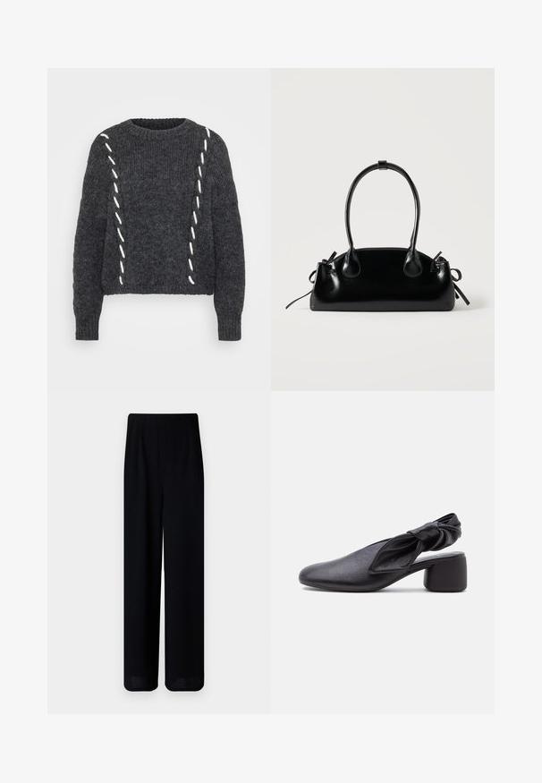 Dunkelgrauer Wollpullover mit Rundhalsausschnitt, lockerer Passform und weißen Nähten an den Seiten. Strukturiertes Strickdesign mit langen Ärmeln.; Vero Moda Petite VMLIVA SUPER WIDE PANTS - Stoffhose - black; Schwarzer Leder-Slingback-Schuh mit abgerundeter Spitze, einem geknoteten Riemendetail und niedrigem Blockabsatz auf weißem Hintergrund.; Kleine schwarze glänzende Handtasche mit zwei langen Griffen und seitlichen Kordelzug-Details vor einfachem hellem Hintergrund.