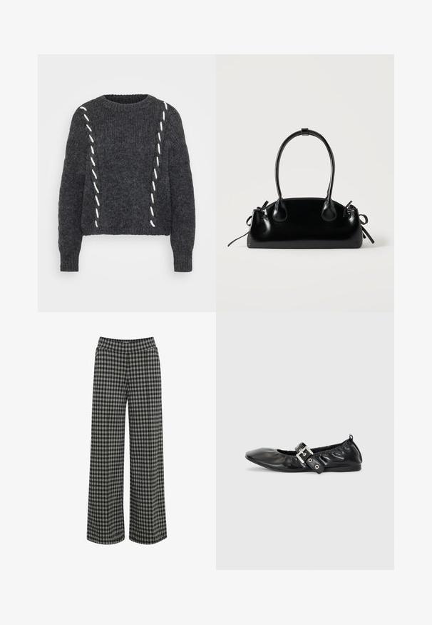 Suéter de lana gris oscuro con cuello redondo, corte holgado y detalle de costura blanca a lo largo de los lados. Punto texturizado con mangas largas.; ICHI IHKATE - Pantalones - vetiver; Zapato plano de piel negra con puntera afilada, detalle fruncido alrededor de la abertura y un acento de hebilla plateada en la correa ajustable.; Pequeño bolso negro brillante con dos asas largas y detalles de cordón lateral sobre un fondo claro liso.