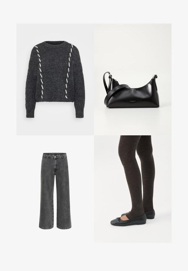 Mørkegrå uldtrøje med rund hals, løs pasform og hvid syning langs siderne. Tekstureret strik med lange ærmer.; Bredde bukser i falmet sort denim med en klassisk knaplukning, fem lomme-design og en let tekstureret finish.; Ben iført mørke ribbede leggings kombineret med sorte balletsko med små sløjfedetaljer på hvid baggrund.; Sort læderhåndtaske med en glat tekstur. Har en justerbar stropp og et enkelt, minimalistisk design med lynlås.