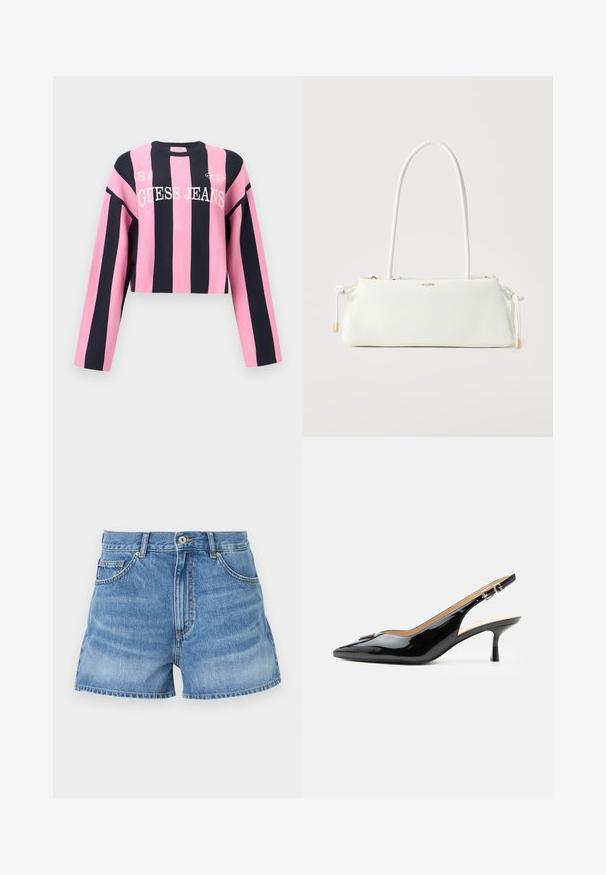 Afgeknipte trui met lange mouwen, met afwisselend verticale roze en marineblauwe strepen. Tekst "GUESS JEANS" in het wit. Zacht gebreid materiaal.; Lichtblauwe denimshorts met een hoge taille, vijf zakken en een rafelrand. Beschikt over een metalen knoop en contrasterende stiksels op de naden.; Zwarte lakleren slingback hak met spitse neus, kleine kittenhak en zilveren gespsluiting op een effen witte achtergrond.; Witte rechthoekige schoudertas met lange riem, zijveters als detail en een klein gouden merklogo midden voorop.