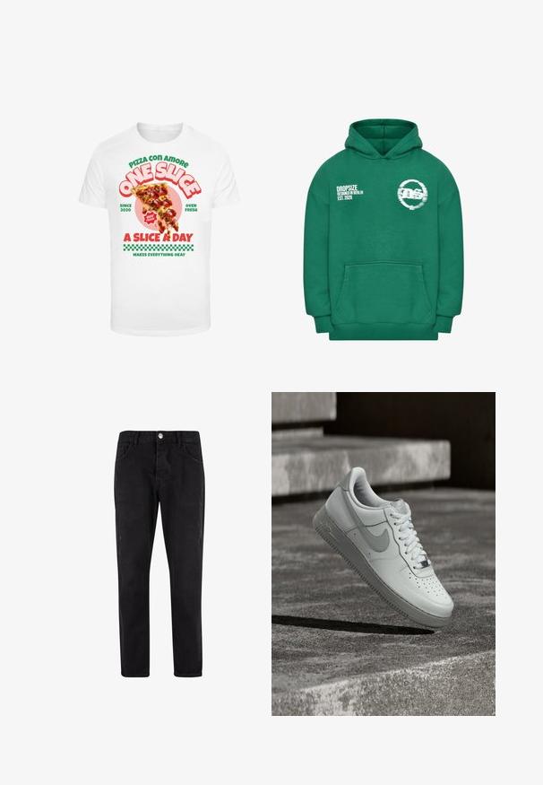 Grøn hættetrøje lavet af blødt stof med en kængurulomme. Har hvid tekst og et cirkulært grafisk design. Hættedesign, ribbede manchetter.; Hvid t-shirt med grafisk print af en pizzaslice med pepperoni, ledsaget af farverig tekst og et ternet mønster nederst.; Sorte denim jeans med lige ben, der har lukning med knap og lynlås, fem lommer og slidte detaljer på benene.; Hvid Nike Air Force 1 sneaker, der svæver over en tekstureret betongulv med stenetrin i baggrunden.