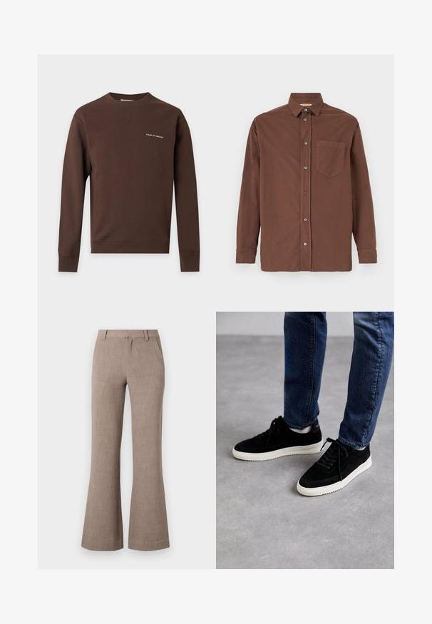 Brun langærmet crewneck sweatshirt med lille hvid "Tiger of Sweden" tekst på venstre bryst, ribbet manchetter og kant.; Brun knap-op skjorte med krave, lange ærmer, en enkelt brystlomme og grå knapper, lavet af et struktureret stof.; Beige flagrende bukser lavet af et tekstureret stof, med lynlåslukning og sidelommer for funktionalitet. Skræddersyet design.; Sorte ruskind sneakers med en hvid gummisål, der har et klassisk low-top design, rundt tå og flade sorte snørebånd.