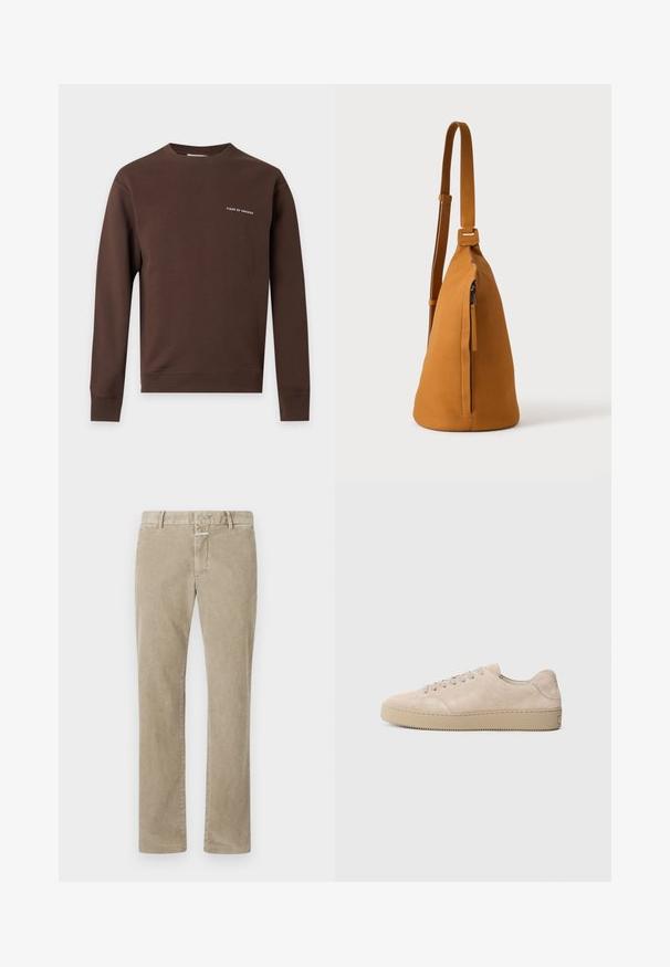 Sweat-shirt marron à manches longues avec col rond et petit texte blanc "Tiger of Sweden" sur la poitrine gauche, poignets et ourlet côtelés.; Pantalons en velours côtelé beige à jambe droite avec passants de ceinture et fermeture frontale dissimulée, présentés à plat sur un fond blanc.; Baskets en daim beige avec un bout rond, des lacets plats et une semelle en caoutchouc texturé. Design minimaliste avec des bords lisses et des coutures discrètes.; Sac besace en cuir couleur fauve avec sangle réglable et poche verticale zippée, présenté de profil sur un fond clair uni.