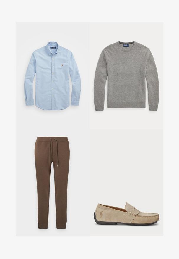 Grauer Pullover mit Rundhalsausschnitt, langen Ärmeln, gerippten Bündchen und Saum und kleinem gesticktem Logo auf der linken Brust von Polo Ralph Lauren.; Himmlisch blaues Langarm-Hemd aus Baumwolle mit klassischem Kragen und kleinem roten gestickten Logo auf der Brust.; Braune Jogginghose aus einem weichen, dehnbaren Material mit elastischem Bund, Kordelzug und gerippten Bündchen. Kleines Logo oben links.; Beige Wildleder Slipper mit gesticktem Detail, flacher Gummisohle und kleinem Logo an der Seite. Klassisches Slip-On-Design, weicher Textur.