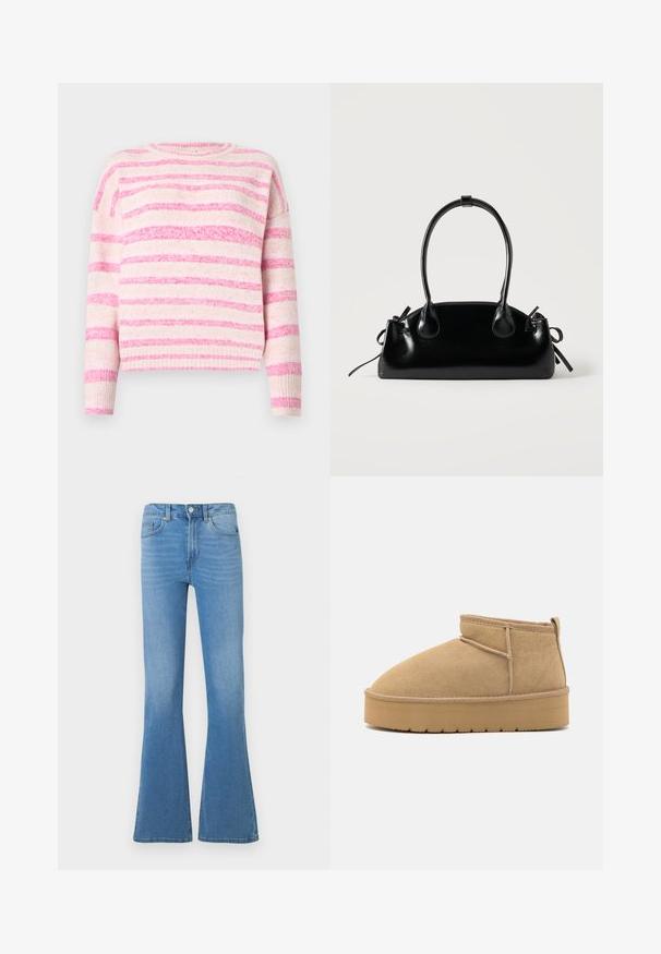 Lyserød og cremefarvet stribet sweater med ribbet struktur, rund halsudskæring og sænkede skuldre. Blødt materiale med varierende bredde på striberne.; Lyseblå denim jeans med vidde ved benene og en talje i mellemhøjde, der har forlommer og lukning med knap. Glat tekstur og klassisk design med fem lommer.; Beige suede ankelstøvler med rund tå, minimale syninger og en lysebrun gummisål med et tekstureret mønster.; Lille sort blank håndtaske med to lange håndtag og snøre-detaljer i siden på en ensfarvet lys baggrund.