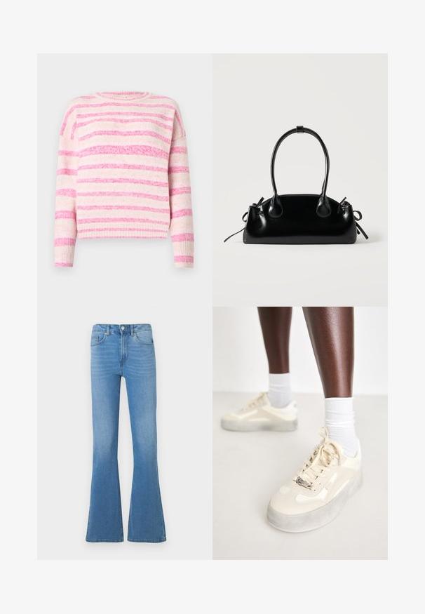 Lyserød og cremefarvet stribet sweater med ribbet struktur, rund halsudskæring og sænkede skuldre. Blødt materiale med varierende bredde på striberne.; Lyseblå denim jeans med vidde ved benene og en talje i mellemhøjde, der har forlommer og lukning med knap. Glat tekstur og klassisk design med fem lommer.; Beige sneakers med glat læder og ruskindsdetaljer, grå gummisål, teksturerede mønstre og et metallisk brandlogo på siden.; Lille sort blank håndtaske med to lange håndtag og snøre-detaljer i siden på en ensfarvet lys baggrund.