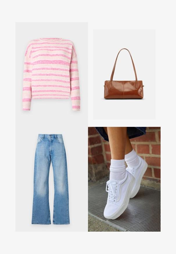 Roze en crème gestreepte trui met een geribbelde structuur, ronde halslijn en doorlopende schouders. Zachte stof met strepen van verschillende breedtes.; Lichtblauwe denim flared jeans met een hoge taille, vijf zakken en een klassieke knoopsluiting. Heeft subtiele vervaging en een relaxte pasvorm.; Witte canvas sneakers met rubberen zolen, voorzien van zes vetertjes, een ronde neus en lichte stikdetails, gecombineerd met witte enkelsokken.; Rechthoekige bruine leren handtas met twee lange schouderriemen, een gladde glanzende afwerking en een minimalistisch ontwerp op een effen achtergrond.