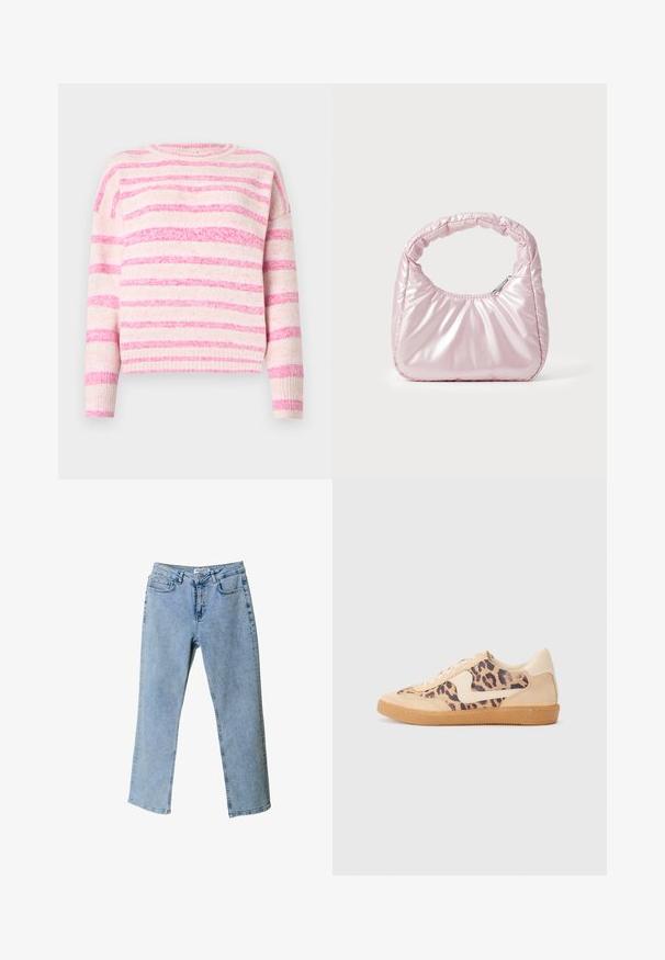 Rosa- und cremefarben gestreifter Pullover mit gerippter Textur, Rundhalsausschnitt und überschnittenen Schultern. Weiches Material mit unterschiedlich breiten Streifen.; Helle blaue Denim-Jeans mit geradem Bein, fünf Taschen und einem Etikett am Bund. Sie weisen ausgebleichte Bereiche für eine Struktur auf.; Löwenmuster-Sneaker mit beige Wildleder-Obermaterial, tanfarbener Gummisohle und weißen Akzenten. Runde Zehenform und Schnürdesign mit strukturiertem Finish.; Rosa, gepolsterte Handtasche mit abgerundeter Form, aus glänzendem Material gefertigt. Verfügt über einen gerafften Griff und einen Reißverschluss für sicheren Zugang.