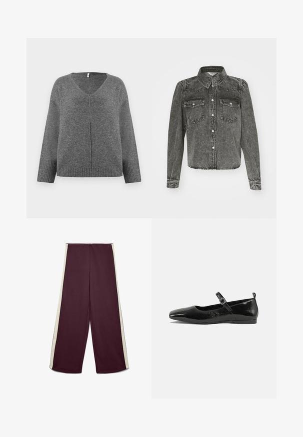 Pull gris en V à manches longues, fabriqué dans un matériau doux. Présente des détails côtelés aux poignets et à l'ourlet, avec une coupe ample et décontractée.; Veste en denim noir avec un col, des poches avant et une fermeture à boutons. Présente un design court et des détails de couture visibles.; Pantalon bordeaux à jambes larges avec bandes blanches sur les côtés, devant plat et taille haute.; Chaussure plate en cuir verni noir avec un bout pointu, une sangle de cheville avec boucles, et une texture lisse et brillante. Talon bas pour le confort.