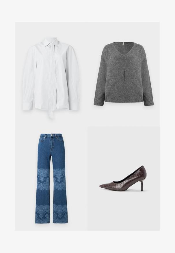 Grå V-hals sweater med lange ærmer, lavet af blødt materiale. Har ribbet detaljering ved handsker og kant, med en løs og afslappet pasform.; Hvid, langærmet skjorte med klassisk krave og forlænget frontsløjfe. Fremstillet af glat stof, med en afslappet pasform og uden mønstre.; Blå jeans med højtaljede, lige ben og lyseblå blomster- og blondeagtige mønstre på lår og lægge, frontknap og lommer.; Brune kunstlæder stiletter med spidse tæer og krokodilletekstur, der har en slank, vinklet hæl og en glat inderside.