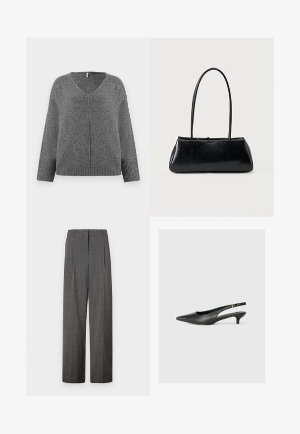 Suéter gris de cuello en V con mangas largas, hecho de un material suave. Presenta detalles acanalados en los puños y el dobladillo, con un corte suelto y relajado.; Vero Moda VMSIKITA WIDE DAD PANT - Pantalones - medium grey/black; Zapato de tacón slingback negro de punta afilada, hecho de cuero suave. Presenta un tacón delgado y un detalle de hebilla en la correa ajustable.; Bolso de hombro rectangular negro con correas largas y delgadas y una textura lisa y brillante sobre un fondo liso.