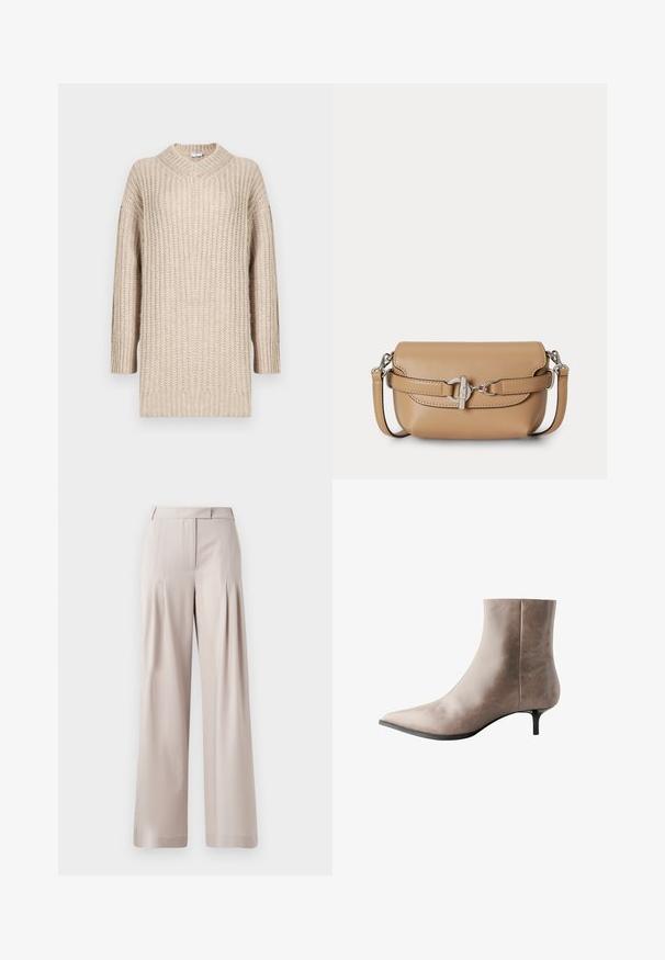 Vaaleanbeige neulepaita, jossa on V-pääntie, pitkät hihat ja ribbien rakenne. Löysä istuvuus suoralla leikkauksella, korostaen mukavaa tyyliä ja mukavuutta.; Beige leveleitet pants kanssa sileä tekstuuri, laskostettu etusuunnittelu ja räätälöity vyötärö. Sopii muodollisiin tai rentoihin asuihin.; Ruske kožne gležnjače s izduženim prstima, niskim kitten potpeticama, glatkom teksturom i minimalističkim dizajnom, s čistom siluetom i bez ukrasa.; Pieni ruskea nahkainen olkalaukku hopeisella soljella ja irrotettavalla säädettävällä hihnalla valkoisella taustalla.