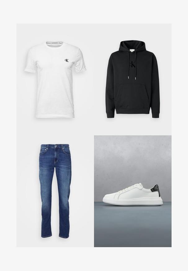 Sort bomulds hoodie med frontlomme, justerbar snor i hætten og præget Calvin Klein-logo på brystet. Glat tekstur, ribbede manchetter.; Hvid T-shirt med korte ærmer og rund hals med lille sort "CK"-logo på venstre bryst, mærke Calvin Klein Jeans, størrelse medium.; Herre blå jeans med fem lommer, knappelukning og let falmede forreste lår og knæ.; Hvide sneakers med en glat læderoverdel og en kontrasterende sort hælaccents. Har flade snørebånd og en tekstureret gummisål.