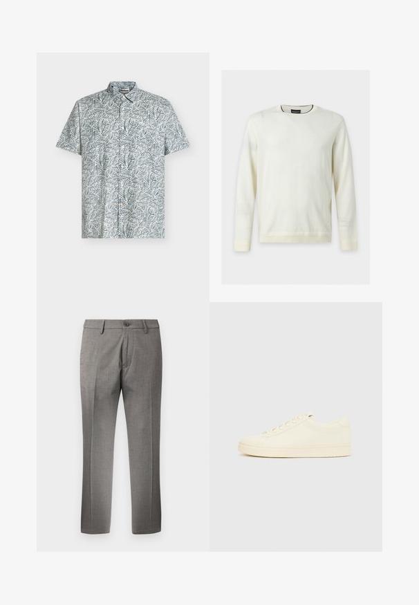 Pull blanc uni à manches longues et col rond, poignets et ourlet côtelés, petit logo près de la taille, présenté sur un fond clair.; Chemise à manches courtes boutonnée avec motif de feuilles vertes et grises et une poche poitrine avant, présentée sur fond blanc.; Pantalon habillé gris pour homme, ajusté, avec passants pour ceinture, fermeture à bouton à l'avant et pli marqué au milieu de chaque jambe.; Baskets couleur crème avec une tige en cuir lisse, bout arrondi, laçage à l'avant et semelle en caoutchouc texturée. Design minimaliste, sans logo.