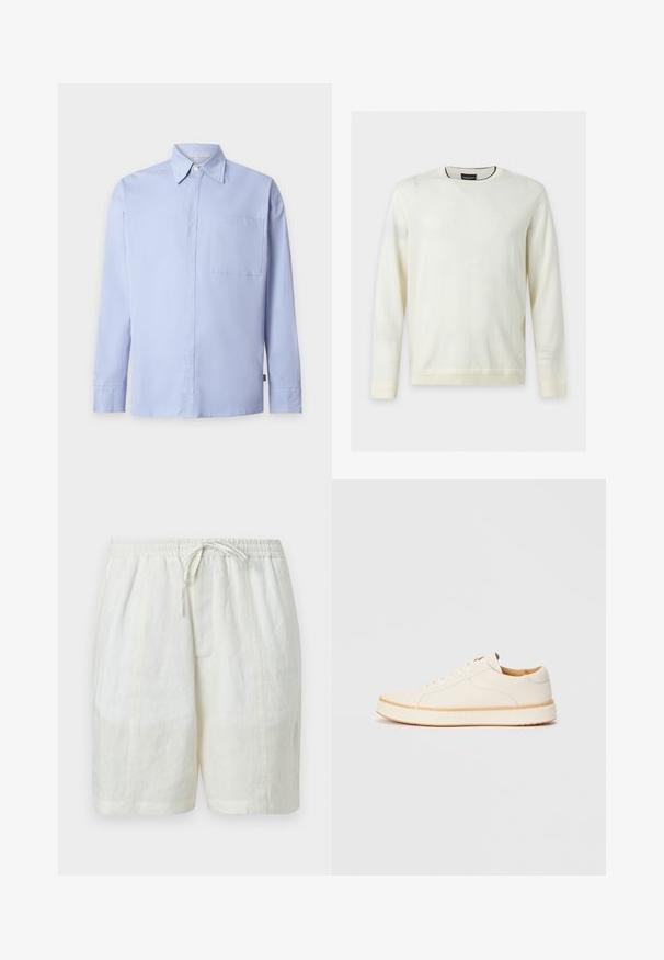 Pull blanc uni à manches longues et col rond, poignets et ourlet côtelés, petit logo près de la taille, présenté sur un fond clair.; Chemise bleu clair à manches longues avec boutons, col pointu et une poche poitrine unique sur fond blanc uni.; Shorts en lin blanc avec cordon de serrage, taille élastique et coutures latérales, présentés sur un fond uni.; Baskets en cuir blanc avec un bout rond, design simple à lacets, semelle intérieure rembourrée et semelle en caoutchouc beige contrastante. Texture lisse sur l'ensemble.