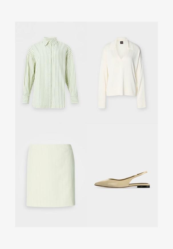 Pull en tricot blanc à manches longues avec col et encolure en V, poignets et ourlet côtelés, présenté sur un fond uni.; Chemise crème à manches longues avec fines rayures verticales bleues, fermeture avant à boutons et col pointu, présentée sur un fond blanc.; Jupe crayon ivoire longueur genou avec de subtiles fines rayures verticales et une taille cintrée.; Chaussure plate beige à bout pointu avec bride arrière, petit talon noir et finition en cuir lisse, vue de côté sur un fond uni.