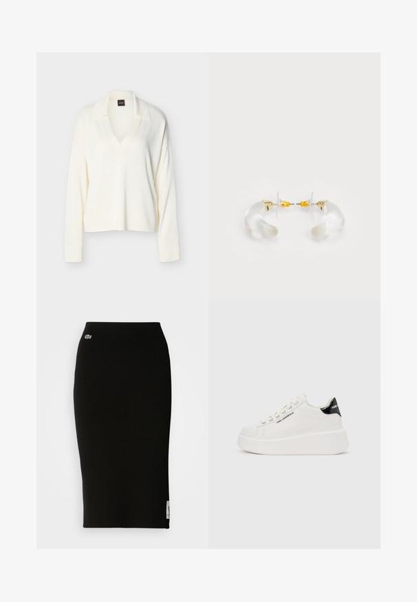 Pull en tricot blanc à manches longues avec col et encolure en V, poignets et ourlet côtelés, présenté sur un fond uni.; Jupe midi en maille côtelée noire avec une silhouette ajustée. Détail du petit logo Lacoste sur la taille, avec une texture lisse.; Baskets à plateforme blanches avec languette de talon noire, marquage "Karl Lagerfeld" sur le côté et le talon, avant à lacets, dessus en cuir lisse.; Boucles d'oreilles en acrylique transparent avec accents dorés, présentant un design incurvé et un fermoir transparent. Texture lisse, style minimaliste.