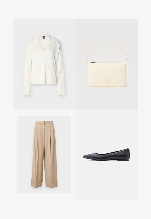 Pull en tricot blanc à manches longues avec col et encolure en V, poignets et ourlet côtelés, présenté sur un fond uni.; Pantalon beige à jambes larges, taille haute, plis devant et larges revers à l'ourlet, présenté sur fond blanc.; Chaussure plate en cuir noire à bout pointu avec petit talon, vue de profil sur fond blanc.; Sac à main rectangulaire de couleur crème avec une seule sangle et une fermeture éclair sur le dessus, comportant une petite plaque de logo embossé à l'avant.