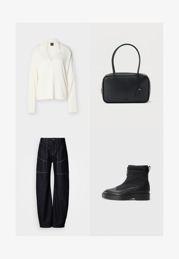 Pull en tricot blanc à manches longues avec col et encolure en V, poignets et ourlet côtelés, présenté sur un fond uni.; Pantalon large en denim foncé avec plusieurs poches à l'avant, surpiqûres contrastantes et fermeture par bouton à la taille. Texture lisse et design décontracté.; Bottines noires avec une tige en tissu matelassé texturé, un bout en cuir lisse et une semelle plateforme noire épaisse. Comprend une fermeture éclair et un cordon de serrage.; Sac à main rectangulaire noir avec doubles poignées arrondies, fermeture éclair dorée et logo "HUGO" embossé sur le devant avec une étiquette en cuir attachée.