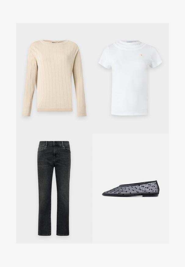 Suéter beige de manga larga con textura acanalada vertical, cuello redondo y puños y dobladillo ajustados.; Camiseta blanca de manga corta con cuello redondo en capas y pequeño emblema dorado en el pecho izquierdo.; Jeans de hombre de pierna recta, negros y deslavados, con botón frontal y diseño de cinco bolsillos sobre fondo blanco liso.; Zapato plano negro con puntera puntiaguda, tela translúcida y un patrón de lunares negros sobre un fondo claro.