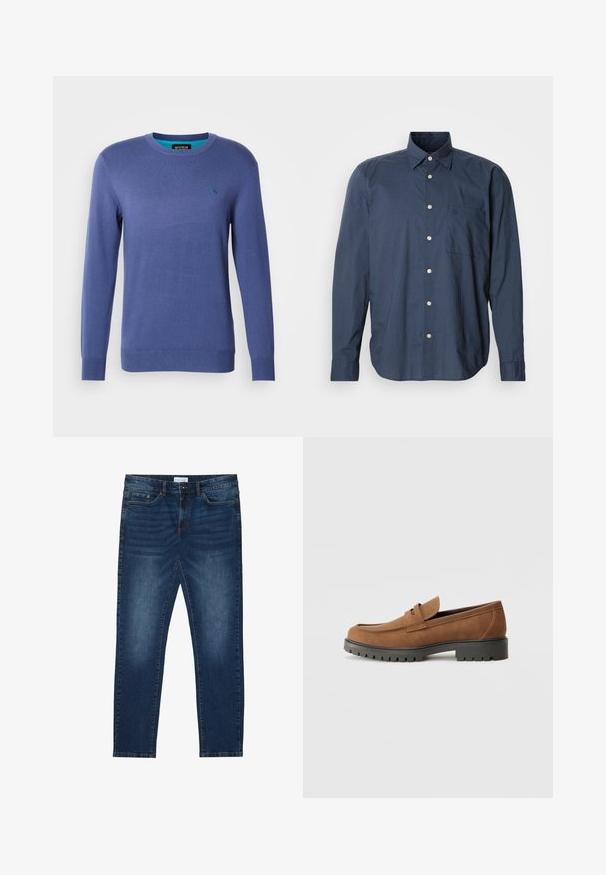 Blauwe gebreide trui met een ronde hals, lange mouwen en een klein geborduurd logo op de linkerborst. Zachte textuur.; Marineblauw overhemd met lange mouwen, klein ruitpatroon, enkele borstzak en witte knopen op een effen achtergrond.; Donkerblauwe slim-fit jeans met vervaagde details, klassiek vijf-pocket ontwerp, knoopsluiting en riemlussen.; Bruine suede instappers met een ronde neus en een lage zwarte rubberen zool, met een decoratieve band en stiksel details op het bovenwerk.