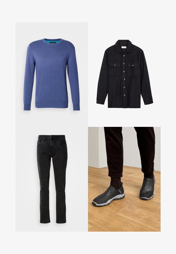 Suéter azul de punto con cuello redondo, mangas largas y un pequeño logo bordado en el lado izquierdo del pecho. Textura suave.; Chaqueta camisa de lana negra con cuello en punta, cierre frontal con botones y dos bolsillos en el pecho. Presenta botones tonales y un ajuste relajado.; Jeans de mezclilla negra con corte recto, cinco bolsillos y detalles de costura sutiles. Hechos de un material de algodón resistente, adecuados para el uso casual.; Zapatos negros sin cordones con parte superior de cuero texturizado y una suela de goma gris, sobre un suelo de madera y pantalones de pana.