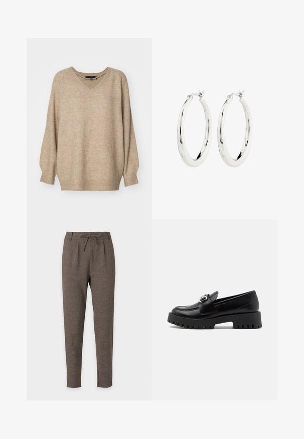 Suéter beige de gran tamaño con escote en V, que presenta una tela texturizada y puños acanalados. Costuras de hombro caídas para un ajuste relajado.; Pantalones marrones entallados con cintura de cordón y trabillas, hechos de tela texturizada, mostrados sobre un fondo blanco sencillo.; Mocasines de cuero negro con una suela gruesa y estriada y un acento de hebilla metálica en la correa. Textura suave, diseño clásico.; Pendientes de aro de plata con un acabado suave y brillante. Forma circular, con un cierre seguro. Diseño sencillo y elegante.