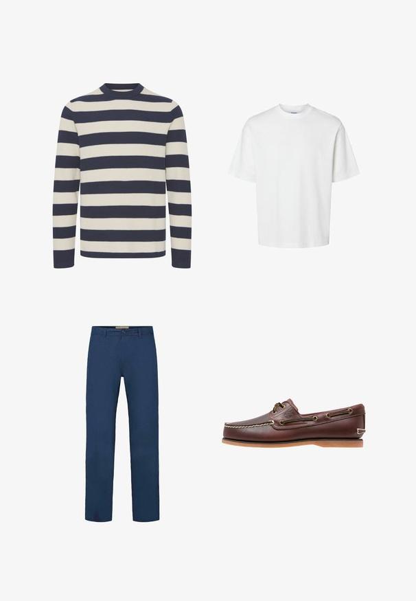 Pull en tricot à col rond avec de larges rayures horizontales bleu marine et crème, des manches longues et une texture douce.; T-shirt blanc uni à manches courtes, col rond et coupe décontractée, présenté sur un fond blanc.; Pantalon en coton bleu marine avec une coupe droite, doté d'une fermeture à boutons à l'avant et de poches latérales visibles. Texture lisse.; Chaussure bateau en cuir marron avec coutures blanches, détails de lacets et semelle en caoutchouc beige, vue de côté sur fond blanc.