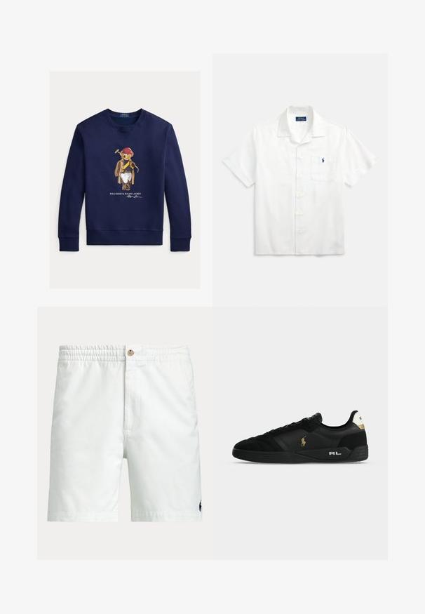 Tumesinine dressipluus, millel on karu, kes kannab punast kiivrit, pruuni mantlit, valgeid pükse ning hoiab käes polomõõka. All on tekst "Polo Bear by Ralph Lauren".; Valge lühikeste varrukatega särk, valmistatud puuvillast, millel on sälkkragen, ees nupud ja väikene sinine logo rinnataskul.; Valged meeste lühikesed püksid elastse vööe, nööpidega kinnituse, küljetaskute ja väikese tumeda logoga ühe jala alumise ääre lähedal.; Mustad madala lõuaga toss, kuldse Polo logoga külje peal, valge kannatäpp Polo tekstiga ja mustal tallal valgete tähtedega "RL".