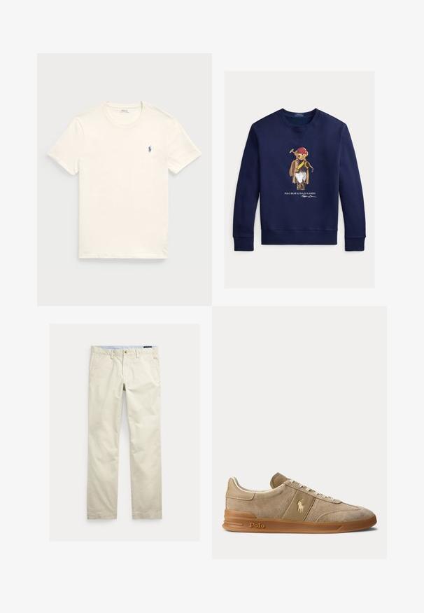 Marineblå sweatshirt med en bjørn iført en rød hjelm, brun frakke, hvide bukser og holdende en polokølle, med teksten "Polo Bear by Ralph Lauren" nedenunder.; Kræmfærdig bomulds t-shirt i kremfarve med rund hals og korte ærmer. Har et lille blåt broderet logo på venstre bryst.; Beige bomuld straight-leg bukser med bæltestropper, forreste knap, lynlås og sidelommer.; Beige ruskind og læder lav-top sneaker med gummisål, hvide snørebånd og Polo-logo på siden og sålen.