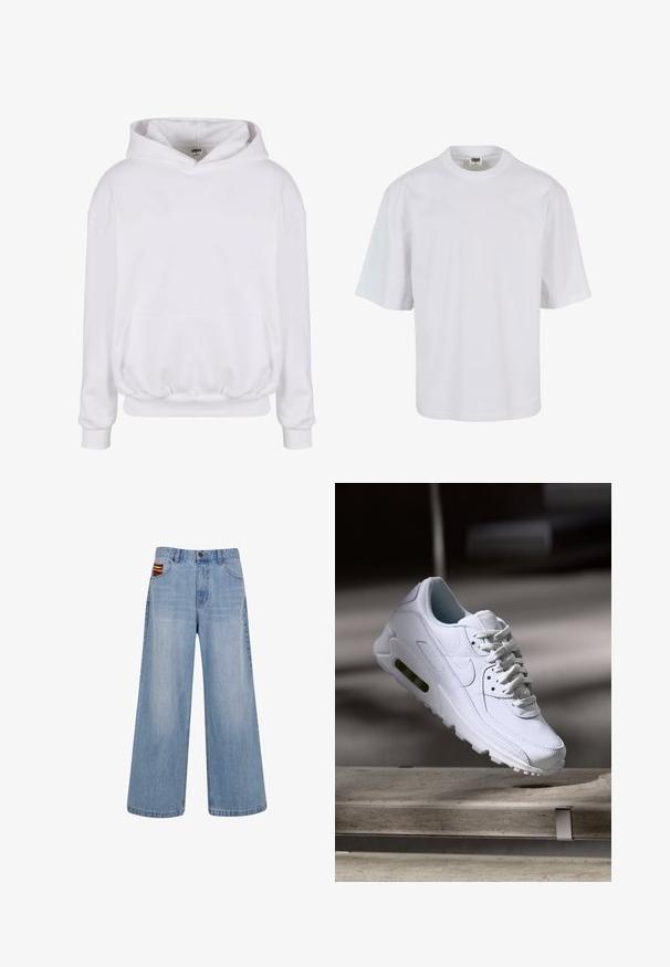 Hvid hættetrøje lavet af blødt stof, med en stor hætte, forlommeklappe og elastiske manchetter ogkant. Minimalistisk design.; Hvid, kortærmet t-shirt lavet af bomuld. Har rund halsudskæring og løs pasform med en glat tekstur og ingen synlige mønstre eller grafik.; Lyseblå vide jeans med høj talje og en lille farverig vævet detalje, der stikker frem fra den højre forlommer.; Hvide lædersneakers med teksturerede overflader, polstret krave og synlig luftpolstring i sålen. Har snørrebånd og et minimalistisk design.