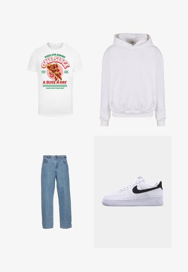 Hvid hættetrøje lavet af blødt stof, med en stor hætte, forlommeklappe og elastiske manchetter ogkant. Minimalistisk design.; Hvid t-shirt med grafisk print af en pizzaslice med pepperoni, ledsaget af farverig tekst og et ternet mønster nederst.; Lysblå denim jeans med høj talje, lige ben design, to frontlommer og en enkelt knaplukning. Klassisk indigo syning som accent.; Hvide lædersneakers med en struktureret sort Swoosh, flade snørebånd og en gummisål med et rillemønster. "AIR" er præget på hælen.