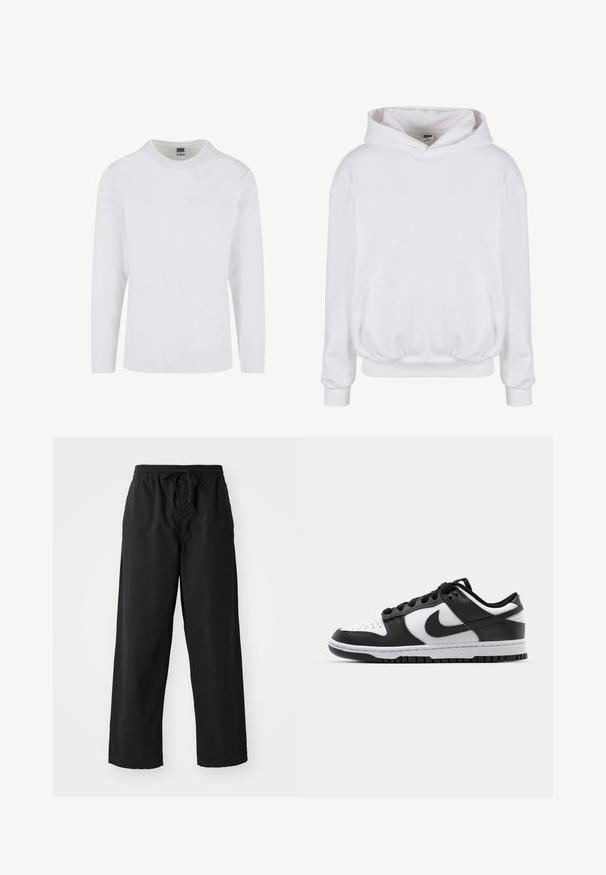 Hvid hættetrøje lavet af blødt stof, med en stor hætte, forlommeklappe og elastiske manchetter ogkant. Minimalistisk design.; Langærmet t-shirt med rund hals i hvidt bomuldsstof. Glat tekstur med et enkelt design uden synlige mønstre eller accenter.; Sorte bredbenede bukser lavet af blødt stof med elastisk talje og justerbar snor, der har en glat overflade og ingen synlige mønstre.; Sort og hvid Nike Dunk sneakers med læderoverdel, perforeret tå, sorte snørebånd og en sort gummisål med slidbanedesign.