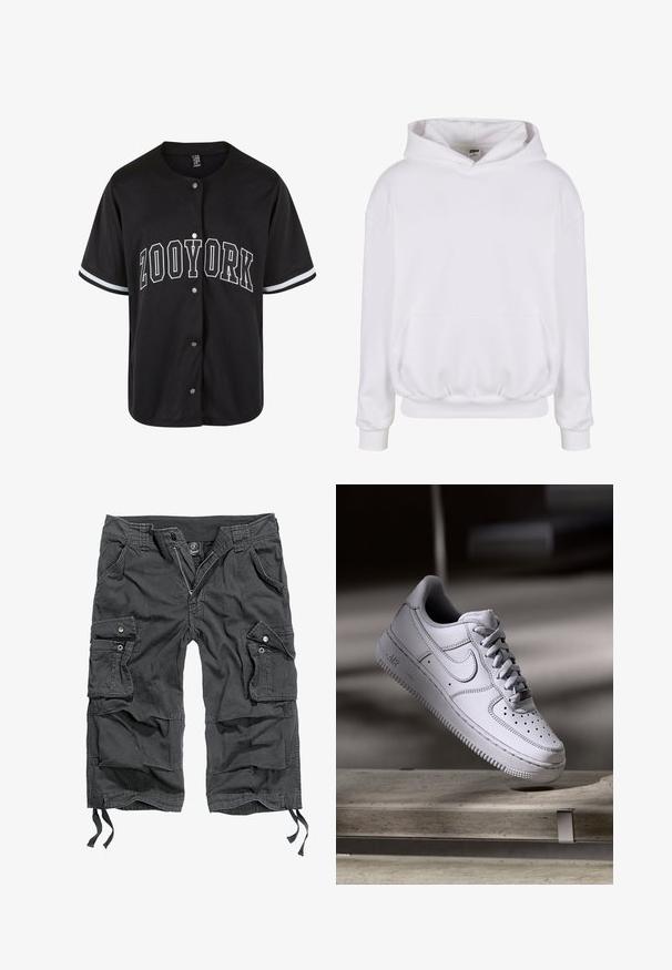Hvid hættetrøje lavet af blødt stof, med en stor hætte, forlommeklappe og elastiske manchetter ogkant. Minimalistisk design.; Sort kortærmet trøje med knaplukning, "ZOOYORK" trykt med fede hvide bogstaver, med kontraststriber i hvid på ærmerne.; Sorte cargo shorts lavet af bomuld, med flere sidelommer, lynlås, justerbare snore i kanten og en afslappet pasform.; Hvid læder Nike Air Force 1 sneaker med perforeret tå, flade snørebånd og tekstureret gummisål med "AIR" branding på siden.