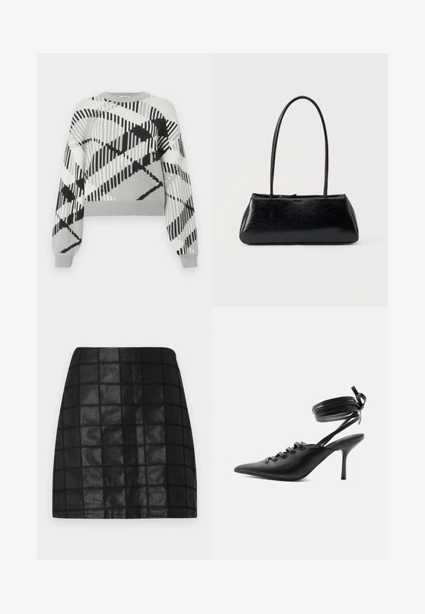 Suéter gris con un patrón geométrico en blanco y negro, de mangas largas, cuello redondo y puños y dobladillo acanalados.; Minifalda de cuero negro con un patrón de cuadrícula texturizado, presenta costuras elevadas y una silueta ajustada. El acabado liso realza el diseño.; Zapato de tacón alto negro con punta puntiaguda, con cordones en la parte delantera y correas que rodean el tobillo atadas con un lazo, mostrado de lado sobre un fondo blanco.; Bolso de hombro rectangular negro con correas largas y delgadas y una textura lisa y brillante sobre un fondo liso.