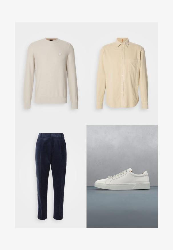 Pull beige clair en tissu texturé. Présente un col rond, des manches longues et un petit logo carré sur la poitrine.; Chemise en velours côtelé beige à manches longues avec col, poche avant, fermeture à boutons et texture de lignes verticales. Ourlet arrondi et poignets à boutons.; Pantalons en velours côtelé marine avec une texture lisse, dotés de plis, d'une taille haute et d'une jambe fuselée, conçus pour une coupe ajustée.; Baskets en cuir blanc avec un bout arrondi, design minimaliste, lacets gris et semelle en caoutchouc gris texturé. Détails de couture subtils visibles.