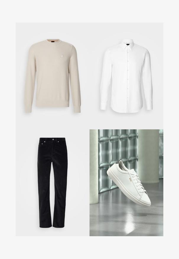 Lys beige sweater lavet af struktureret stof. Har en rund hals, lange ærmer og et lille firkantet logo på brystet.; Hvid skjorte med lange ærmer, knaplukning foran, klassisk krave, lavet af glat stof med en subtil tekstur, designet til et tætsiddende udseende.; Sorte fløjlsbukser med lige ben. Har en knaplukning og fem lomme-stil. Tekstureret ribbet stof.; Hvid læder lav-top sneaker med snørebånd, sort hælflig og "BOSS"-logo, svævende indendørs nær glasblok væg og poleret gulv.