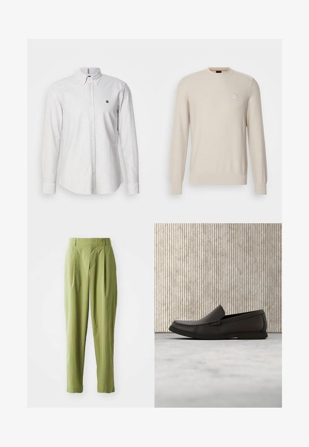 Pull beige clair en tissu texturé. Présente un col rond, des manches longues et un petit logo carré sur la poitrine.; Chemise à manches longues pour homme en bleu clair et blanc à rayures verticales, en coton, avec un petit logo sur la poitrine et des poignets boutonnés.; Pantalons vert clair en tissu texturé, présentant une coupe droite, des plis à l'avant et une taille standard.; Mocassin en cuir marron foncé sans lacets avec semelle blanche en caoutchouc et détails cousus, présenté de profil sur un fond neutre.