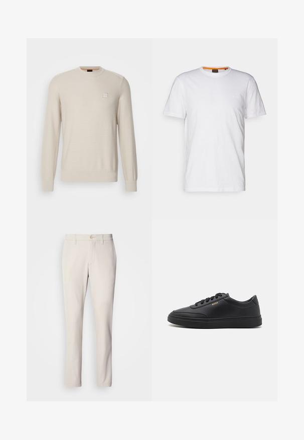 Lys beige sweater lavet af struktureret stof. Har en rund hals, lange ærmer og et lille firkantet logo på brystet.; Hvid bomulds T-shirt med rund hals, korte ærmer og et subtilt præget logo på brystet. Indvendigt mærke har en orange detalje.; Beige bukser med slim fit, der har en frontknaplukning, flad frontdesign og lige ben, lavet af glat bomuldsblandingsstof.; Sorte lædersneakers med en glat overflade, rund tå, flad gummisål og tonede snørebånd. Udstyret med guld "BOSS" branding på siden.