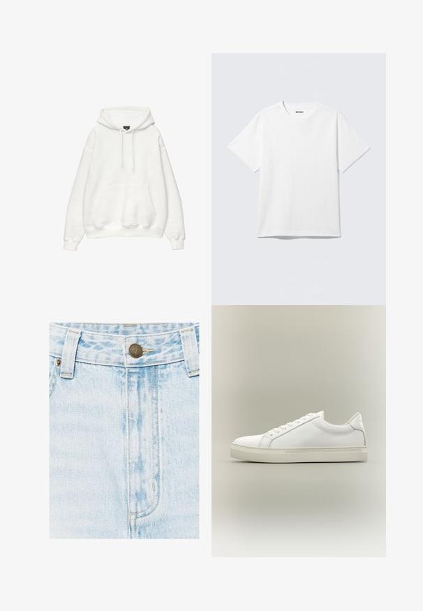 Haut à capuche blanc en mélange de coton doux. Il dispose d'une capuche avec cordon de serrage, d'une poche kangourou à l'avant et de bords côtelés aux poignets et à l'ourlet. Design simple et minimaliste.; T-shirt blanc à manches courtes et col rond, étalé à plat, design uni, avec l'étiquette "WEEKDAY" à l'intérieur du col sur un fond clair.; Ceinture de jean en denim bleu clair avec bouton en métal, passants de ceinture et coutures visibles à l'avant.; Baskets blanches basses à lacets sur l’avant et semelle épaisse, vues de côté sur un fond neutre.